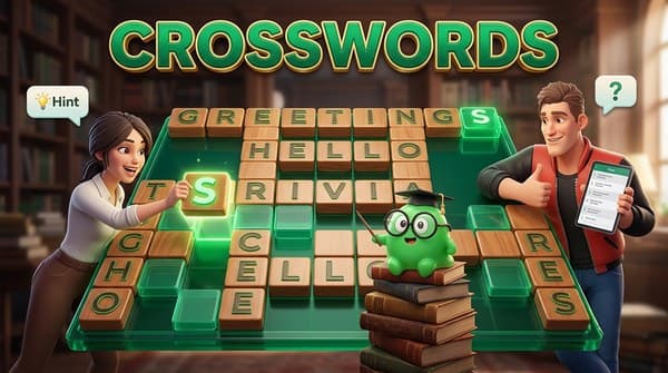 Crosswords: Solve clues written in your own language, spelling each answer from a tray of letters.
