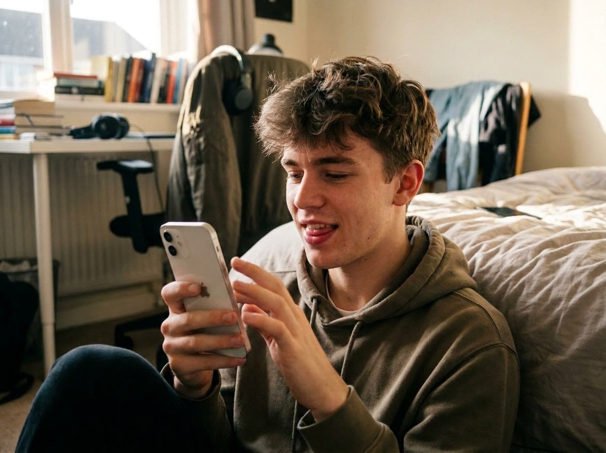 A teenager sits on his bedroom floor playing on his iPhone, talking out loud to the game
