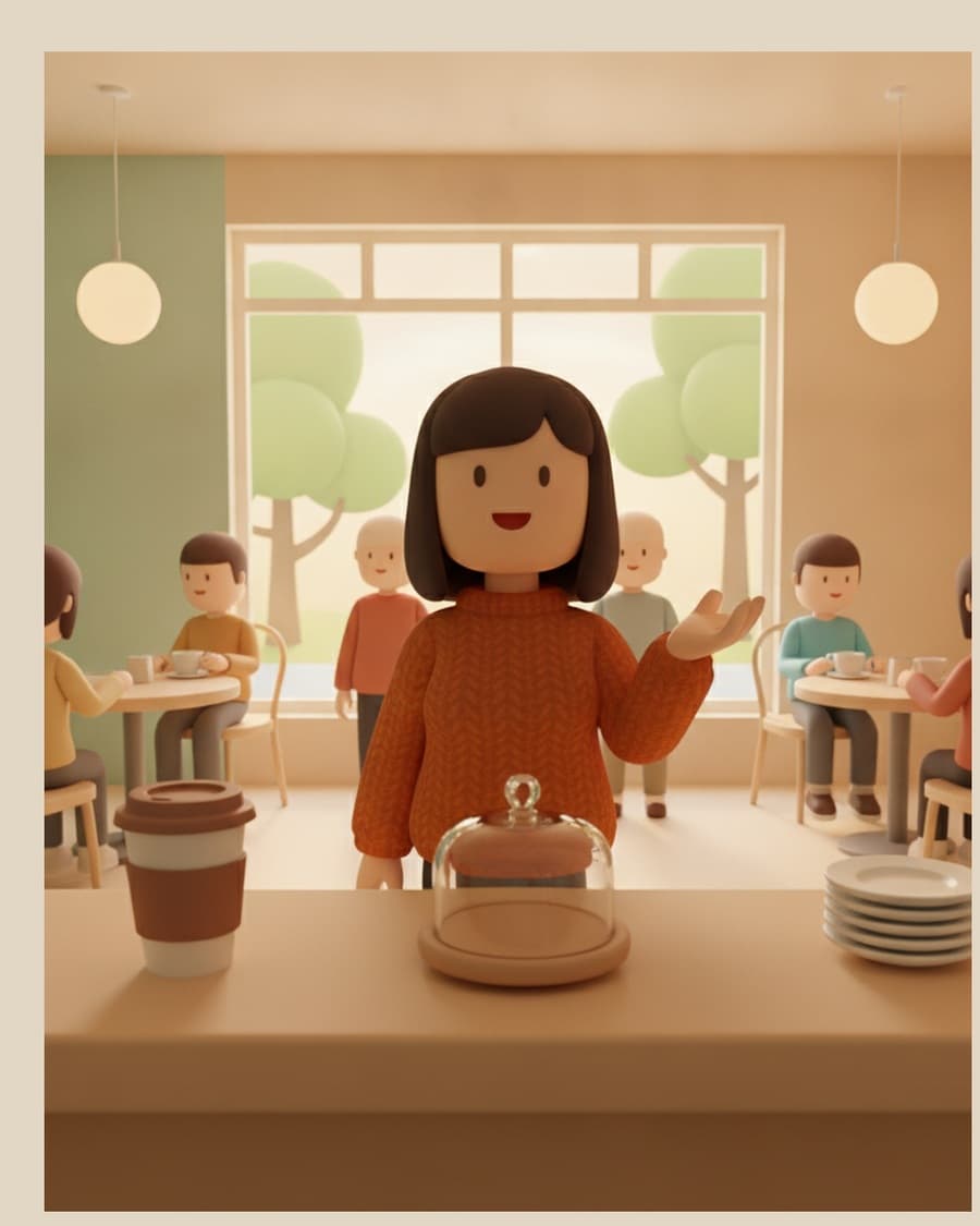 The same cafe counter rendered in Cafe Life’s low-poly style