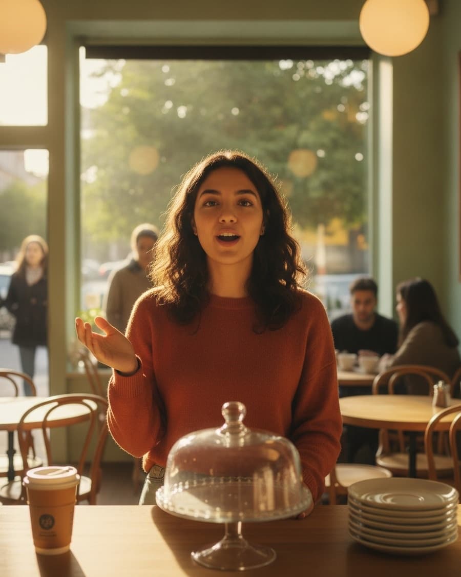 A customer ordering at a real cafe counter, mid-sentence